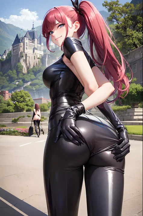 Meisterwerk, (realistisch), high-res, hochdetailliert, kompliziert, Beautiful women, rote Haare, blaue Augen, Sommersprossen, detailliertes Gesicht, latex leggins, from behind, looking at viewer, showing ass, smile