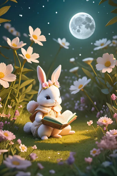 A cute white rabbit, reading a book, under the moonlight, in a miniature landscape. The rabbit is sitting on a soft grassy ground, surrounded by colorful flowers of various shapes and sizes. The moon shines brightly in the night sky, casting a soft, ethere...