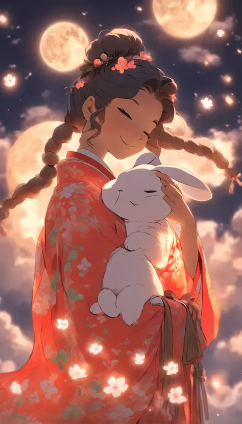 1girll, Moon, hair adornments, fullmoon, cloud, skyporn,Night, robe blanche, Solo, Smile, nigh sky,  flower, Hugging the black rabbit, Hair Flower, flower petals, child, blush, Parted Lip, Black hair, Black rabbit, Cloudy sky, forehead mark, Black eyes, fa...