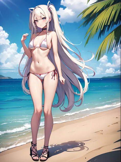 ((Best Quality)), (ultra-detailliert), ((Extremely detailed)), (Beautiful), ((Kawaii Girl)),(two side up hair)、((masutepiece)),Platinum Blonde Hair,Long hair, hair between eye, Wavy Hair, Long sideburns,Jade colored eyes, White skin,Normal Chest,Slender bo...