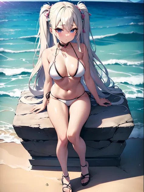 ((Best Quality)), (ultra-detailliert), ((Extremely detailed)), (Beautiful), ((Kawaii Girl)),(two side up hair)、((masutepiece)),Platinum Blonde Hair,Long hair, hair between eye, Wavy Hair, Long sideburns,Jade colored eyes, White skin,Normal Chest,Slender bo...