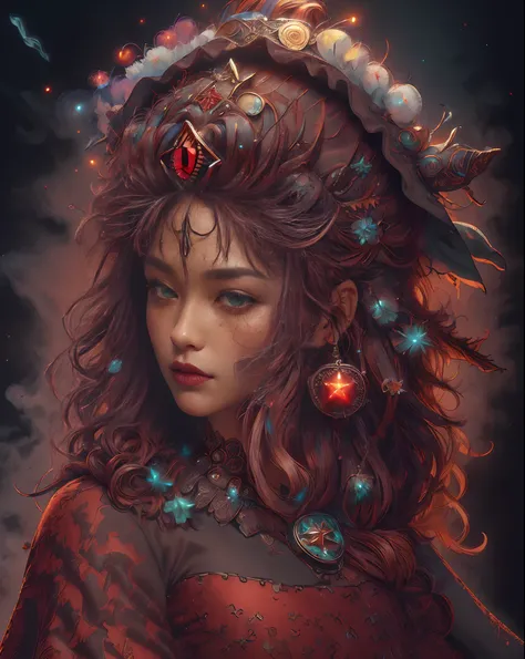 ((extreme detail)),(ultra-detailed), extremely detailed CG unity 8k wallpaper, velvet, figurine, red hood, crop top, star headdress, puffy sleeves, lips, looking away, close-up, head turn, black background