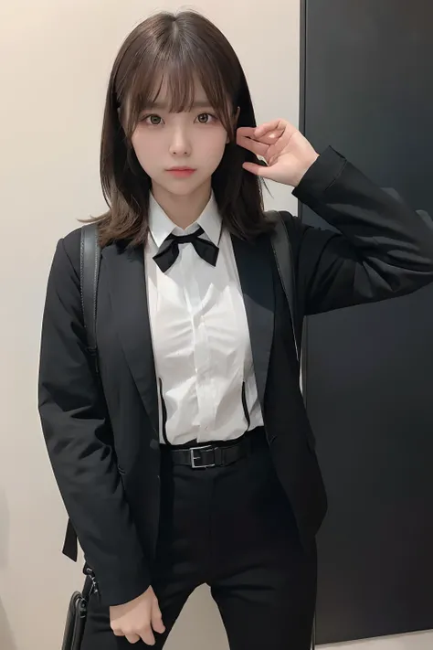 ​masterpiece、flat-colors、depth of fields、lens flare 1 girl、、Brown hair、watching at viewers　　　　a belt　black suspenders　Social OL　　　huge-breasted　　　 　 Armpit sweat　perspiring　Side of both hands　　walls: Black Suit　Black pants, Black jacket holster　arm　Leg hol...