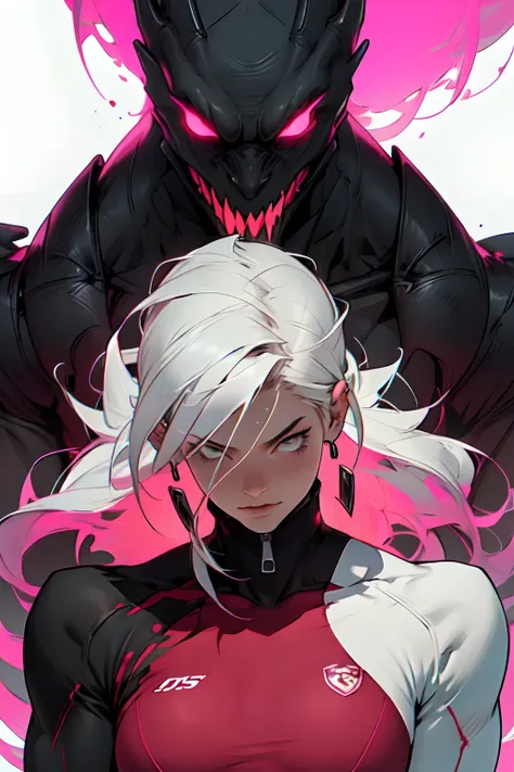 Masterpiece, best quality, high-res, extremely detailed, 1 girl 18 years old lookig very arrogant, in shape, fitness, (she is the villain, she is the final boss), ((female focus:1.3)), woman, tomboy, marimacho, red/black/pink, simple color background