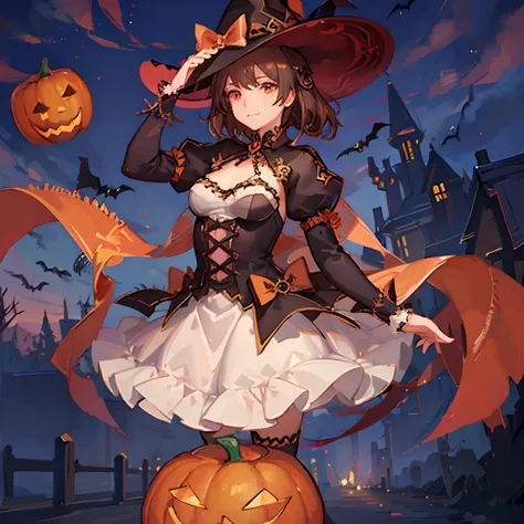 Masterpiece, best quality, (very detailed CG unity 8k wallpaper) (best quality), (best illustration), (best shadows) girl with brown hair, halloween, halloween vibe, cute, costume, super detailed --v6