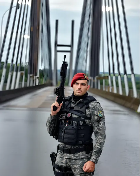 Soldado Arafed com uma arma em uma ponte na chuva, military police, Pewdiepie selfie em uma ponte, fotografia militar, Jakub Rebelka, soldado robusto, special forces security, Guarda Nacional Russa, standing on a bridge, em uma ponte, Anton Fadeev 8 K, Ukr...