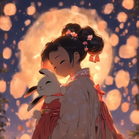 1girll, Moon, hair adornments, fullmoon, cloud, skyporn,Night, robe blanche, Solo, Smile, nigh sky,  flower, Hugging the black rabbit, Hair Flower, flower petals, child, blush, Parted Lip, Black hair, Black rabbit, Cloudy sky, forehead mark, Black eyes, fa...