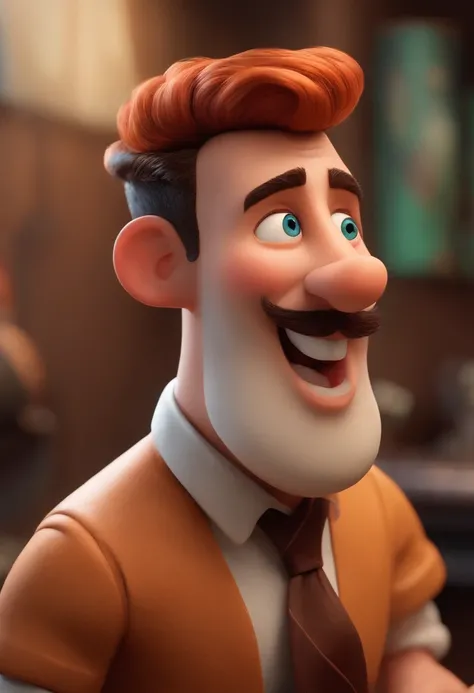 A Dream Barber Inspired by Pixar Animation, de perto. The character takes center stage with captivating facial expressions, oferecendo um toque de irrealidade, Cabelo curto e gordinho gradiente