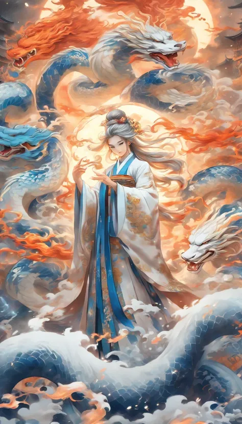 Porcelain style，中景 the scene is，The Taoist priest stood in front of a huge transparent blue and white snake，reaching out her hands，Long messy hair，firestorm, Lightning, glowing effect，Hyper-realistic，Ultra photo realsisim，Chinese black and white ink style，...