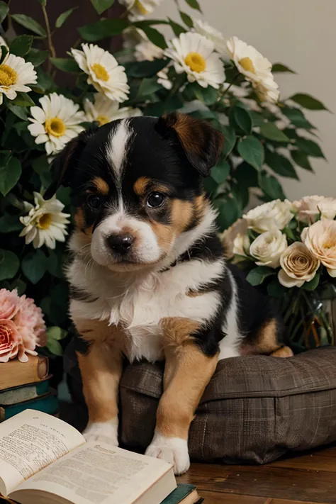 a puppy sitting on a book with flowers and a book, aww, cute detailed, cute dog, curled up on a book, beautifully