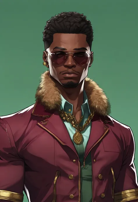 a close up of a dark skin person wearing a formal shirt with pinstripe pants and black boots, while sporting a pair of brass knuckles and a burgundy jacket with skull insignias adorning the arms and a fur collar. This creates the visage of a high-class gan...