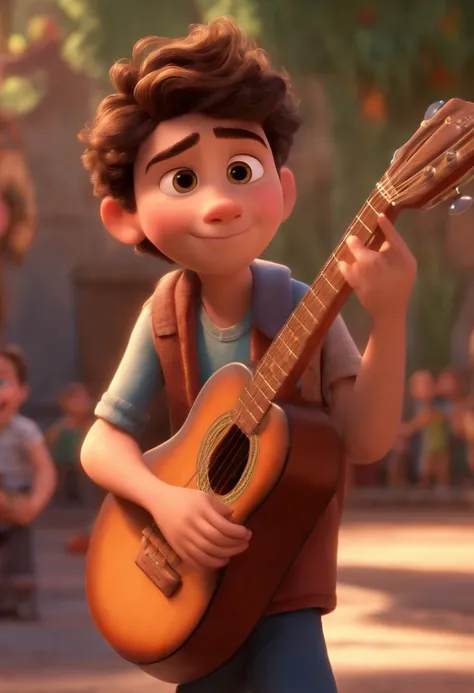 A boy with the guitar in his hand in the Pixar animation, de perto. The character takes center stage with captivating facial expressions, oferecendo um toque de irrealidade