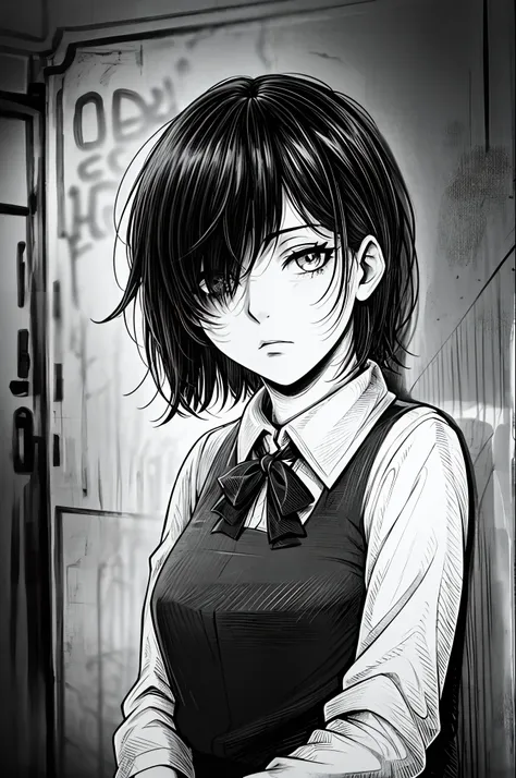 best quality, intricate details, lineart, monochrome,1girl, school uniform, short messy hair, black hair, messy hair, hair over ...