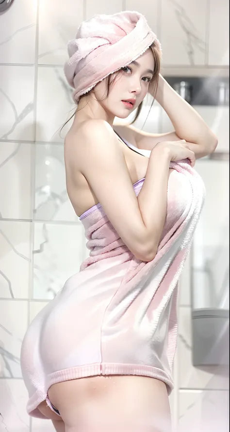 Photorealistic, best quality, high res, meticulous detail, a hot beautiful woman wearing a towel in the bathroom with her breasts exposed at night, oppai, big hips, long legs, brunette hair, sexy, blushing face, embarrassed