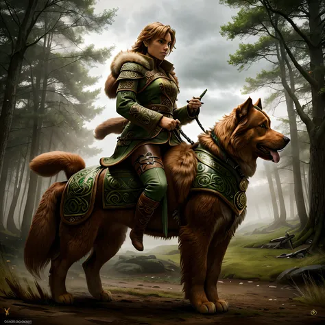 experience model ,celtpunkai, ember ((solo)) dressed in a green fantasy coat , riding a huge dog ! leonberger breeds !his legs a...