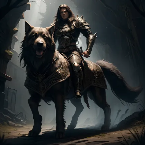 model
majicmix horrorceltpunkai, man with black straight hair ((solo)) clad in silver armor , riding a huge dog ! leonberger bre...