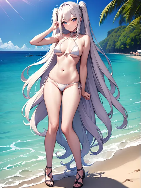 ((Best Quality)), (ultra-detailliert), ((Extremely detailed)), (Beautiful), ((Kawaii Girl)),(two side up hair)、((masutepiece)),Platinum Blonde Hair,Long hair, hair between eye, Wavy Hair, Long sideburns,Jade colored eyes, White skin,Normal Chest,Slender bo...