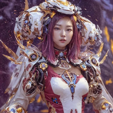 Light orange wind（（Red and white mech girl））National wind circle，Flying nine-tailed fat skull flame ethereal toad star，Golden-black damask white rabbit fur bra，Fuchsia pink diamonds, Tulle burgundy diamond shin guard，CG ，Light orange full set of thick mech...