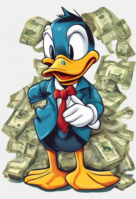 donald duck with money in vector style with white background