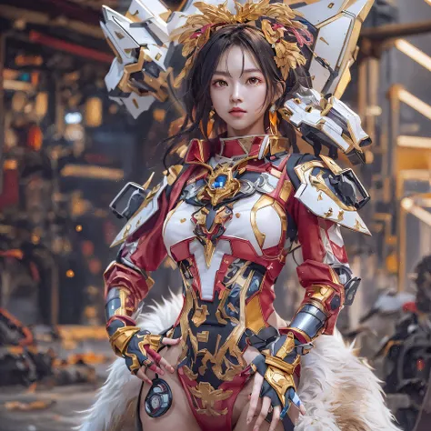 Light orange wind（（Red and white mech girl））National wind circle，Flying nine-tailed fat skull flame ethereal toad star，Golden-black damask white rabbit fur bra，Fuchsia pink diamonds, Tulle burgundy diamond shin guard，CG ，Light orange full set of thick mech...