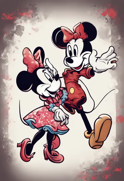 mickey and minnie mouse dancing together in vector style with white background