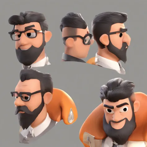 Criar um personagem no estilo Pixar. Trata-se de um homem de 30 anos, com barba, Branco, com cabelos castanhos curtos e um quiff, e olhos castanhos. Ele deve estar na frente de um computador, Trabalhar como designer