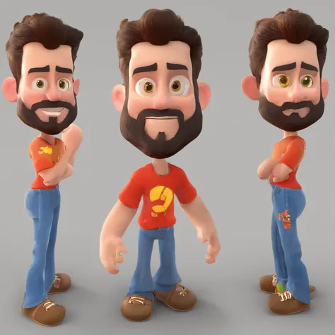 Criar um personagem no estilo Pixar. Trata-se de um homem de 30 anos, com barba, Branco, com cabelos castanhos curtos e um quiff, e olhos castanhos. Ele deve estar na frente de um computador, Trabalhar como designer