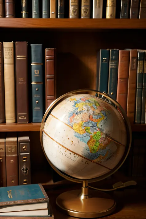 The globe is placed in front of the bookshelf