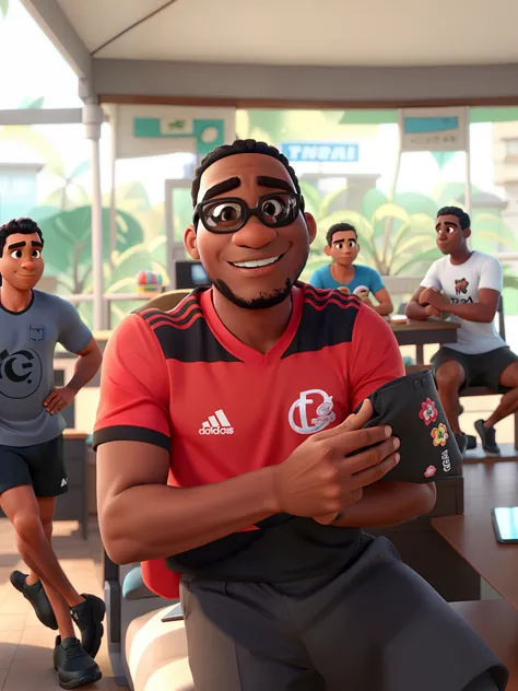 Um homem negro com a camisa do flamengoestilo disney pixar, alta qualidade, melhor qualidade.