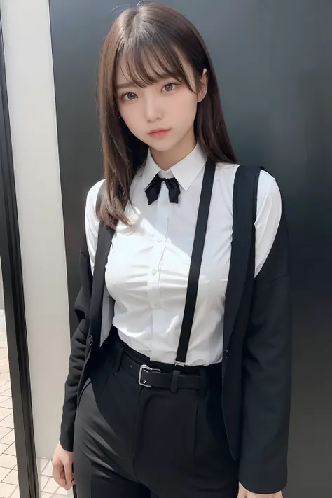 ​masterpiece、flat-colors、depth of fields、lens flare 1 girl、、Brown hair、watching at viewers　　　　a belt　black suspenders　Social OL　　　huge-breasted　　　 　 Armpit sweat　perspiring　Side of both hands　　walls: Black Suit　Black pants, Black jacket holster　arm　Leg hol...