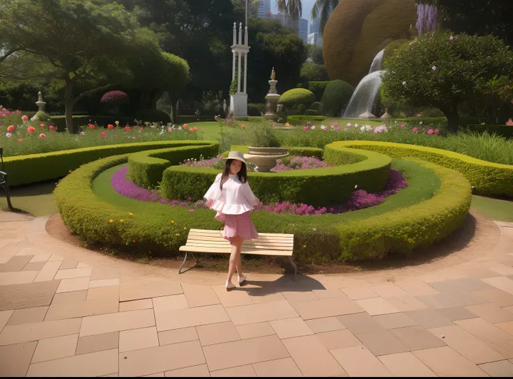 There is a woman standing in a circular garden with a bench, standing in a botanical garden, em um parque, em um parque da cidade, In Sao Paulo, em jardins de maconha, botanic garden, em jardins vermelhos, com um parque ao fundo, no Parque, Primeira bailar...