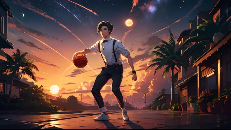 the sunset，eventide，middle parted hairstyle，Suspenders，holding a basketball in his right hand，meteors（Swipe left），styled（Your name），A small lychee tree in the back