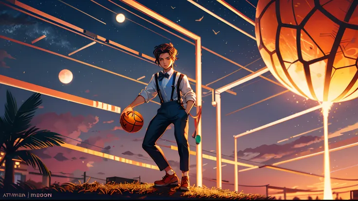 the sunset，eventide，middle parted hairstyle，Suspenders，holding a basketball in his right hand，meteors（Swipe left），styled（Your name），A small lychee tree in the back