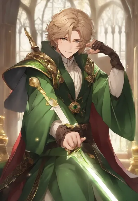 Anime - imagem de estilo de um homem vestido com uma capa verde e uma capa verde, casimiro arte, Beautiful androgynous prince, cara bonito na arte demon slayer, picture of a male cleric, official character illustration, delicate androgynous prince, Inspira...