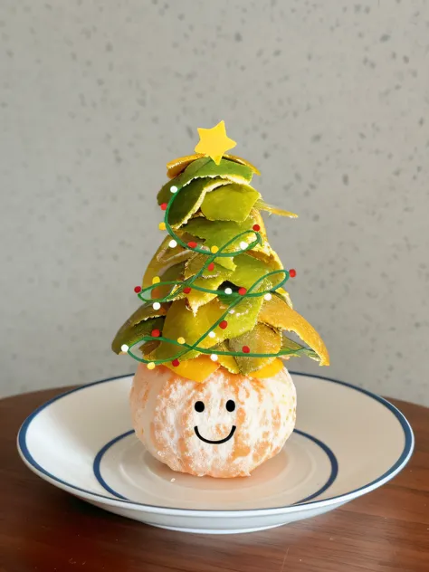 There is a plate，There is a donut on it，Decorated like a Christmas tree, Christmas tree, enjoyable, Cute:2, 🐿🍸🍋, Fully decorated, Seasonal, festivity, cheerfulness!!!, Happy Tree, pines, hight decorated, Holiday, cheerful big breasts, festivity, detailled ...