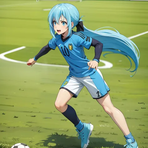 Rimuru Tempest, wearing football clothes, playing football