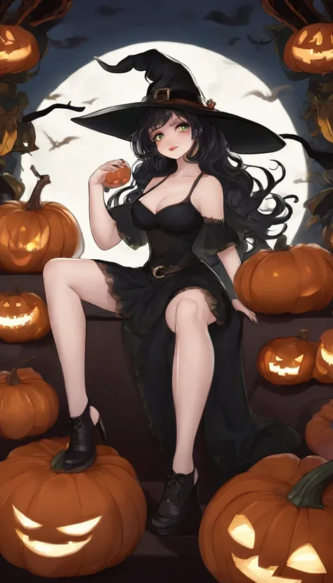 Curvaceous,1 very young girl,sitting on 1spooky pumpkin,full body view,dressed as a witch,tall witch hat,thigh_highs,mini_skirt,large_hips,spooky,ghosts, Halloween,blushing,ahegao_face,black-hair,green-eyes,heart-shaped_pupils,long_hair,tiny-waist,High det...