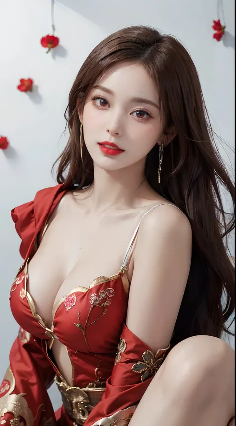 "1 beautiful girl in national costume, Wearing a bright red traditional Chinese ao dai, Ao dai with red as the main color, Black chest border and gold border, long hair and white bangs,, The most detailed and beautiful hair jewelry, Super cute little face,...