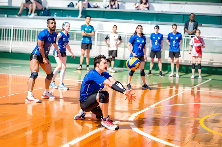 There are a lot of people watching a man play volleyball on the court, wearing a volleyball jersey, Mina Petrovic, Volleyball, fotografia esportiva, Tiro em Sony A 7 III, wide angle dynamic action shot, Tiro na Nikon Z9, instagram post, Alexandre Rostov, i...