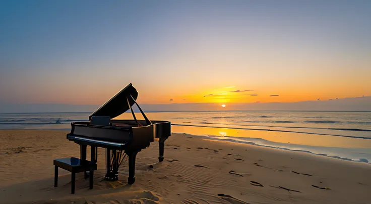 shores、Wide sandy beach、Pure white grand piano、stairway to heaven、the setting sun、Horizon、silhuette、White Collar Piano、Wide angle shot、