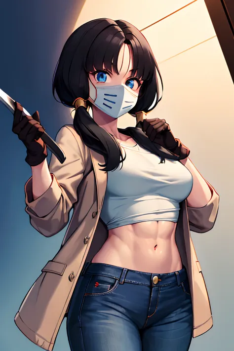 masterpiece, best quality, highres, videl2, solo, blue eyes, black hair, twintails, black gloves, blue jeans, bangs, white top, ...