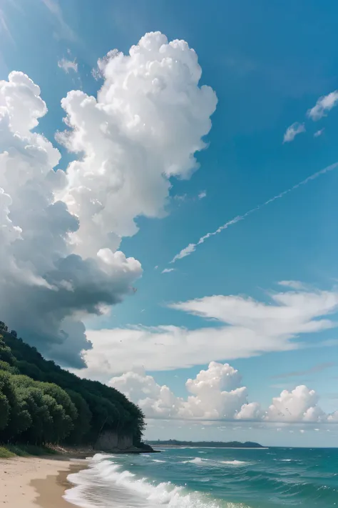 The sky is endless，with blue sky and white clouds, Green trees,eagle，the sea，Crashing waves