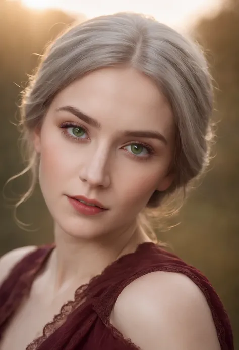 (((A deep reddish scar runs across her left cheek))) light skinned, Women around 19 years old, Natural gray hair, Distinctive green eyes, Wearing Cole, slender and graceful,, Beautiful, Candlelight in medieval atmosphere, Ultra Sharp Focus, realistic shot,...