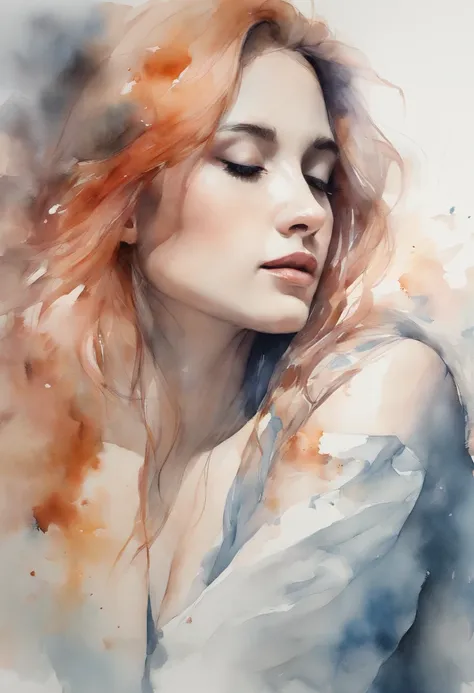 (8K, Best quality, Masterpiece:1.2),(Best quality:1.0), (超高分辨率:1.0), aquarelle, A beautiful woman, Shoulder, tress ribbon, upper legs,Sitting,author：Agnes Cecile, half-body portrait, extremely luminous bright design, Pastel colors, (ink:1.3), Autumn lights