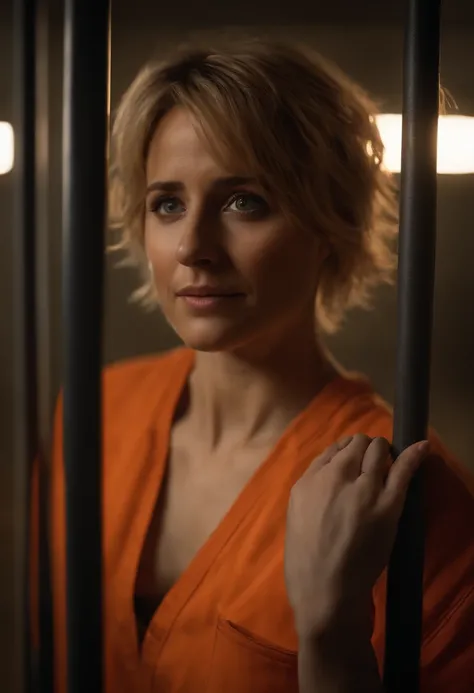 ((realism)), extremely high quality RAW photograph, detailed background, intricate, messy hair, Exquisite details and textures, highly detailed, Photo of (Allison Mack) in a prison cell, (wearing orange prison clothes:1.3), Looking away from the camera, ul...