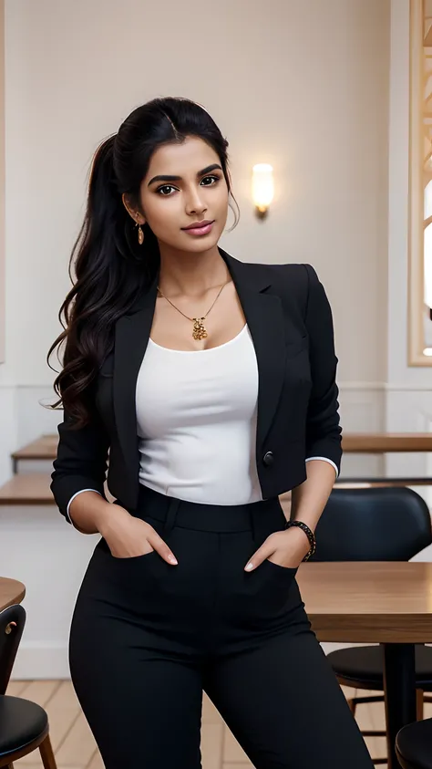 imagine a portrait of 2 Tamil models, beautiful gorgeous cutest tenderness feminine thin, flawless skin, curves, perfect body shape, no chubby cheeks, no chubby, well toned body, hourglass figure, sleek chick, wearing pink shirt, black pant, black blazers,...