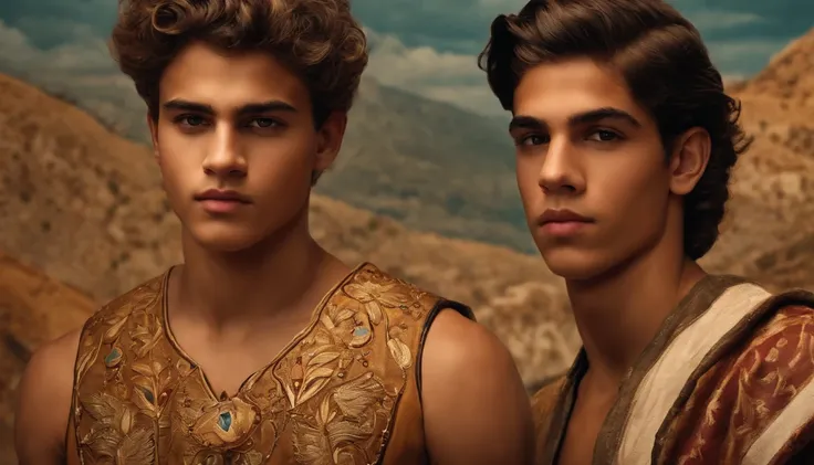 Create an artwork featuring two beautiful young men, 15-year old, styled in the manner of the frescoes of the Minoan civilization."