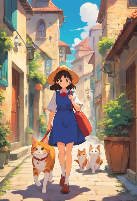 Witch Delivery Service,Menina brincando com seu telefone no lado da rua,Estilo Ghibli,Background of living in Croatia，Gatos passando por ali