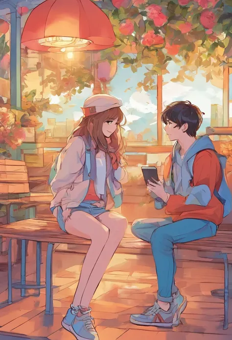 a boy and a girl, sit together, cartoon, simple, cute, boy is cring, girl is listening to music, character, anime，Brief strokes，colorful