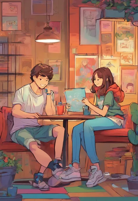 a boy and a girl, sit together, cartoon, simple, cute, boy is cring, girl is listening to music, character, anime，Brief strokes，colorful